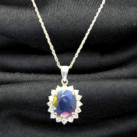 NWT BLUE SAPPHIRE & MOISSANITE PENDANT NECKLACE IN PLATINUM OVER STERLING SILVER